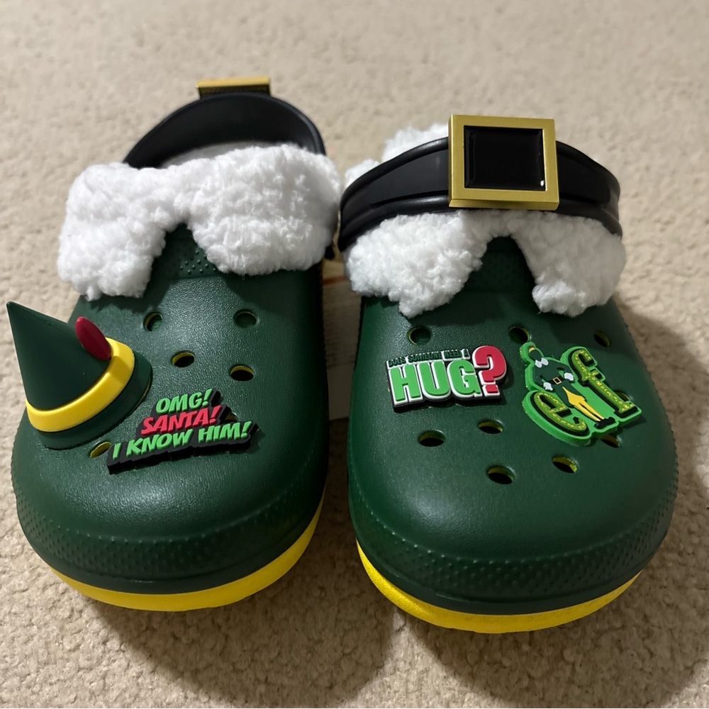 Crocs Buddy The Elf Kids Size 3 Fleece Lined Christmas Clogs Mules Shoes Green - Picture 5 of 11